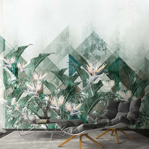 Strelicja królewska tapeta ścienna na fizelinie z tropikalnym kwiatowo-geometrycznym motywem