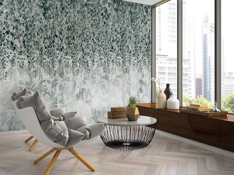 Drobne listki i ptaki tapeta fizelinowa z roślinnym motywem do salonu i sypialni