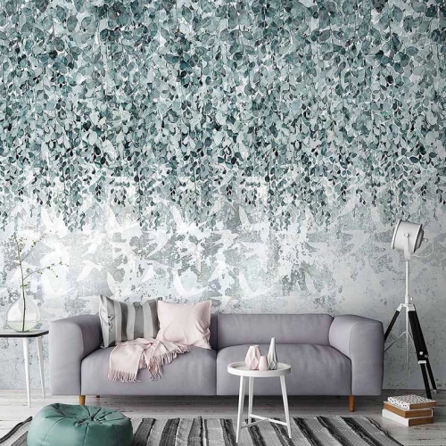 Drobne listki i ptaki tapeta fizelinowa z roślinnym motywem do salonu i sypialni