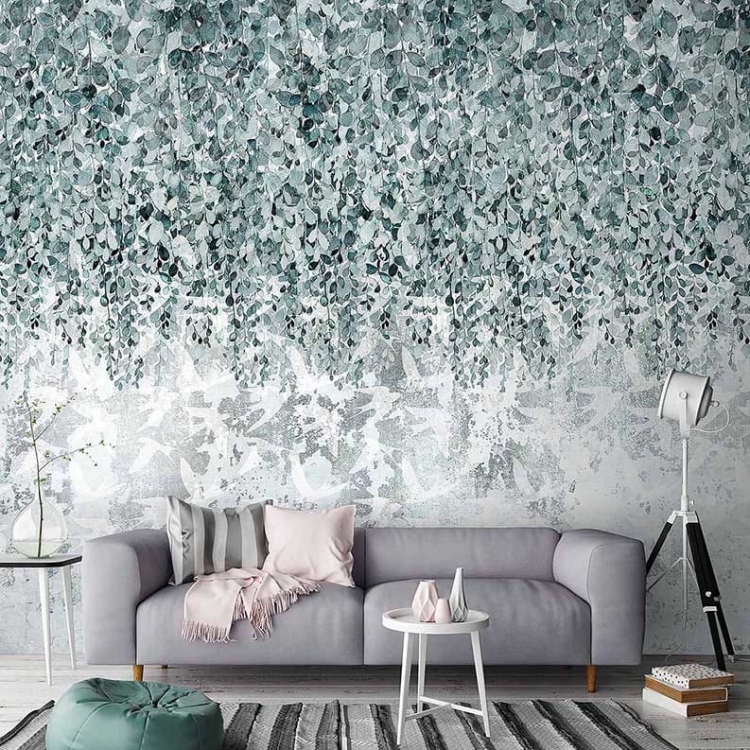 Drobne listki i ptaki tapeta fizelinowa z roślinnym motywem do salonu i sypialni