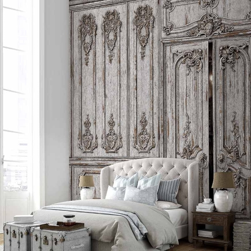 Drewniana zdobiona boazeria w starym stylu Lusso tapeta na fizelinie drzwi i kołatki