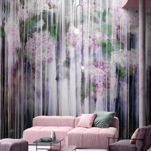 Hortensje za plisowanym woalem kwiatowa tapeta ścienna na fizelinie z motywem roślinnym