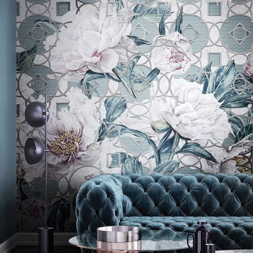 Kwiatowo - geometryczna tapeta ścienna na fizelinie z motywem peonii