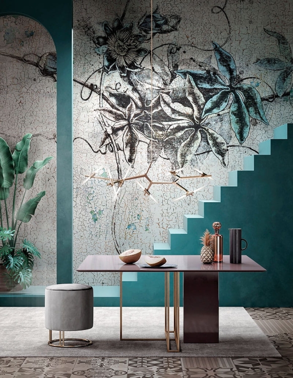 Botanical Sketch Juliette tapeta ścienna na fizelinie ze szkicem kwiatów na postarzanym tynku