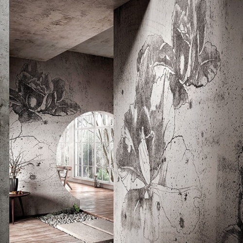 Laura Vintage tapeta ścienna na fizelinie ze szkicem kwiatów na postarzanym betonowym tle