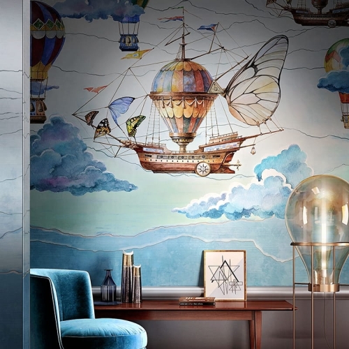 Wind kolorowa tapeta ścienna do pokoju dziecięcego z bajecznym motywem balonów i motyli