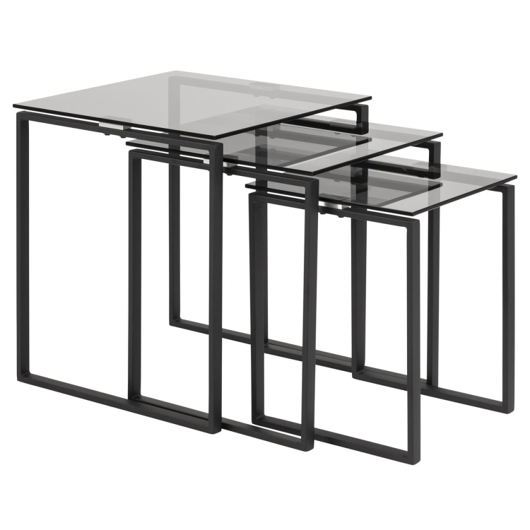 Nowoczesne loftowe stoliki 3 sztuki komplet 50x50 szkło dymione i metal