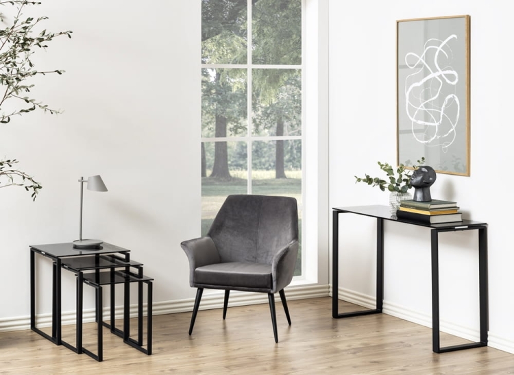 Nowoczesne loftowe stoliki 3 sztuki komplet 50x50 szkło dymione i metal