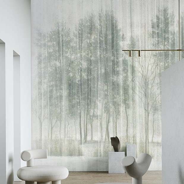 Las za mglistym woalem Sherwood postarzana tapeta na plisowanej fizelinie