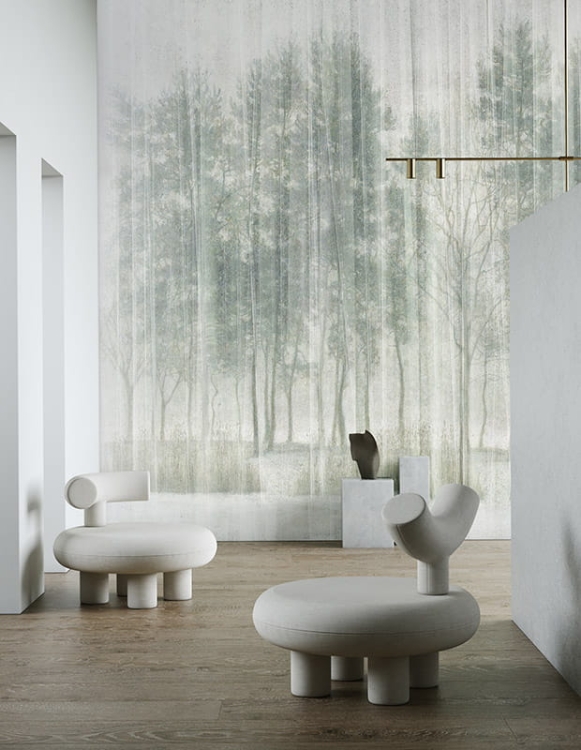 Las za mglistym woalem Sherwood postarzana tapeta na plisowanej fizelinie