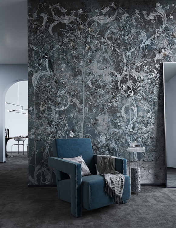 Roślinne ornamenty na postarzanym tynku Lacrima tapeta ścienna na fizelinie 6 kolorów