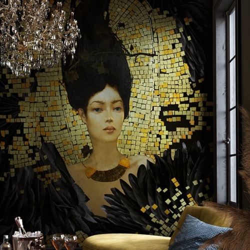 Sofia tapeta ścienna na fizelinie w stylu Glamour kobieta i wachlarze z piór