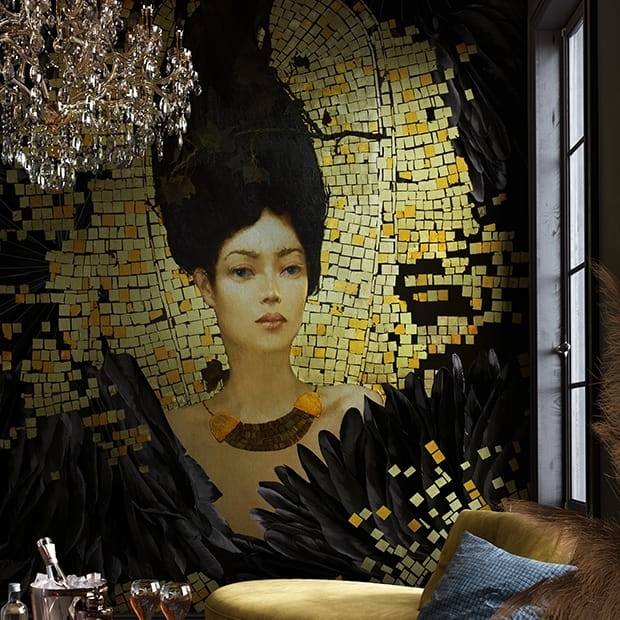 Sofia tapeta ścienna na fizelinie w stylu Glamour kobieta i wachlarze z piór