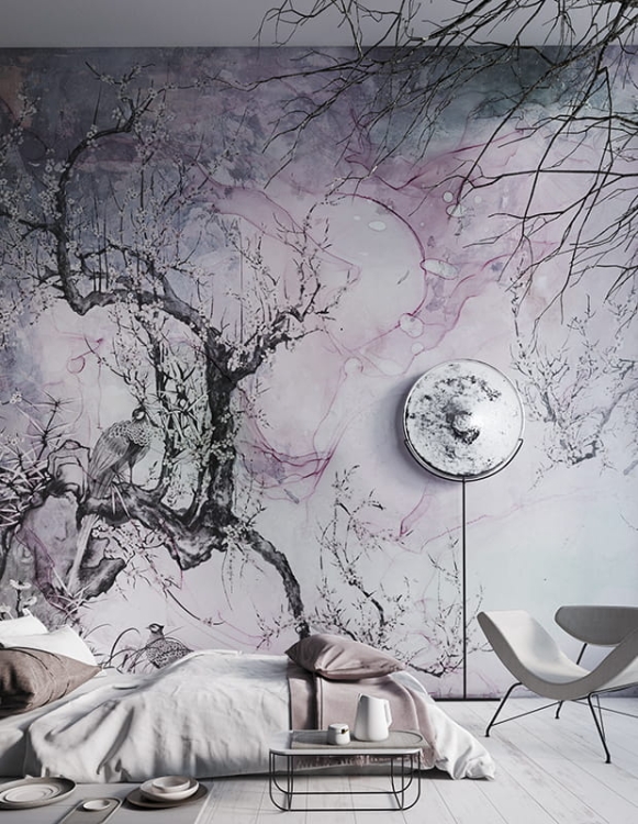 Sakura oryginalna tapeta ścienna z motywem kwitnących wiśni na akwarelowym tle