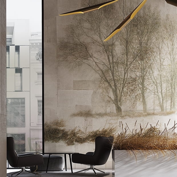 Pejzaż zimowy Nebbia drzewa i trawy w zaspach tapeta ścienna na fizelinie w nowoczesnym stylu