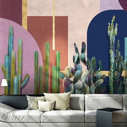 Kaktusy kolorowa tapeta ścienna na fizelinie Latino z motywem roślinno - geometrycznym