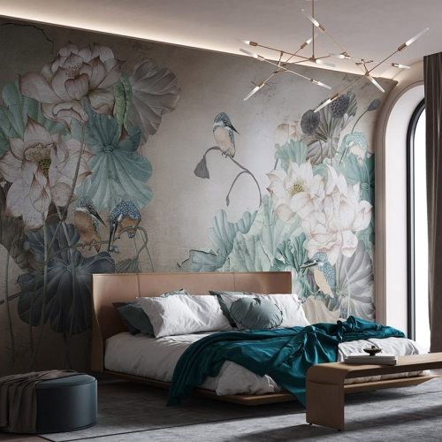 Zimorodki na kwiatach lotosu fototapeta na fizelinie Allia Wonderwall Studio