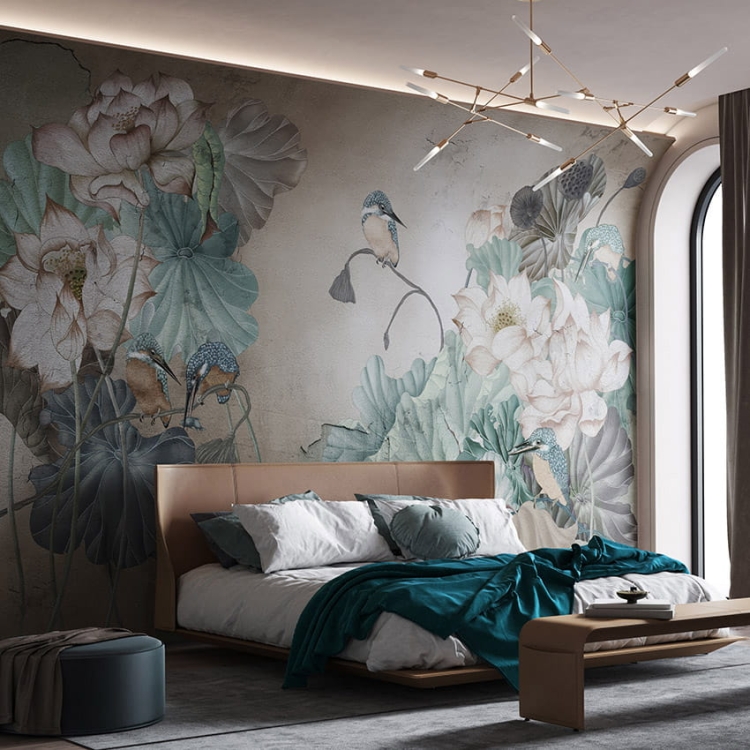 Zimorodki na kwiatach lotosu fototapeta na fizelinie Allia Wonderwall Studio