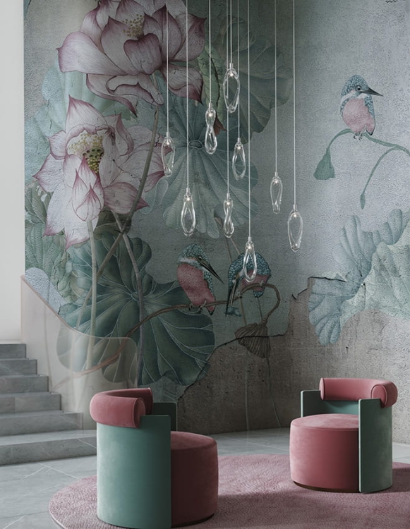 Zimorodki na kwiatach lotosu fototapeta na fizelinie Allia Wonderwall Studio