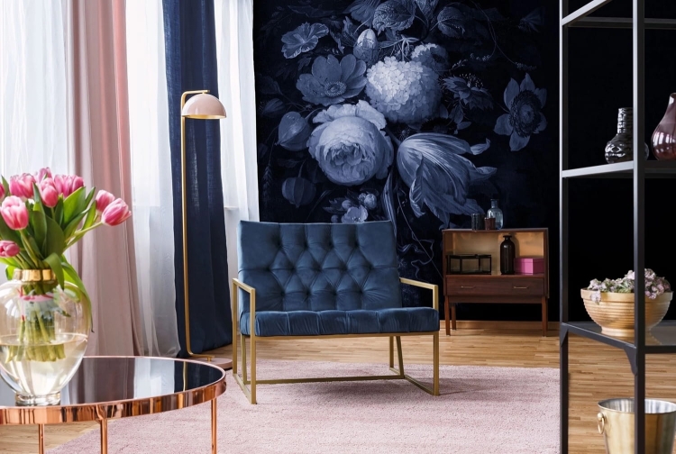 Boudoir Navy Wall Art fototapeta fizelinowa w kwiaty glamour