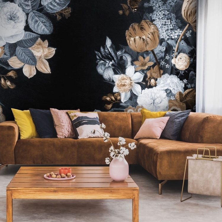 Golden Sublime Wall Art fototapeta fizelinowa na wymiar indywidualny Kwiaty Vintage na czarnym tle