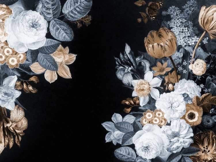 Golden Sublime Wall Art fototapeta fizelinowa na wymiar indywidualny Kwiaty Vintage na czarnym tle