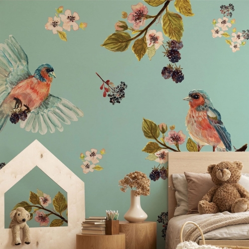 Miętowa fototapeta w ptaszki Wall Art Uccello Cantante Mint do pokoju dziecięcego na wymiar indywidualny