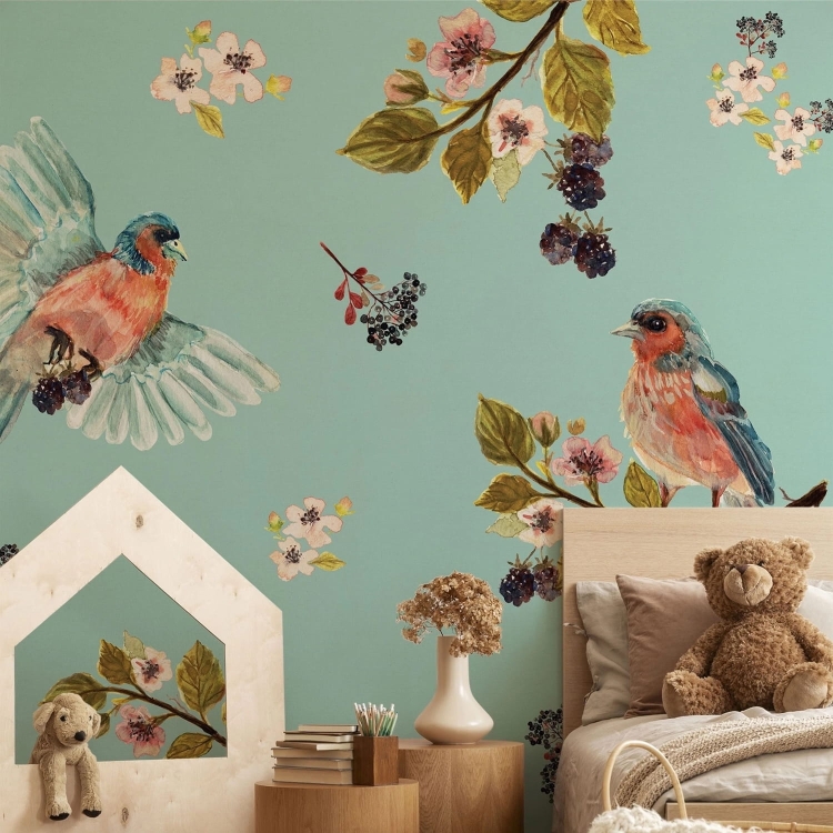 Miętowa fototapeta w ptaszki Wall Art Uccello Cantante Mint do pokoju dziecięcego na wymiar indywidualny