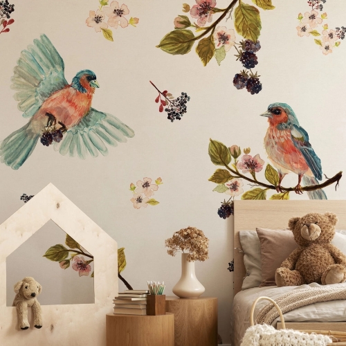 Kremowa fototapeta w ptaszki Wall Art Uccello Cantante Cream do pokoju dziecięcego na wymiar indywidualny
