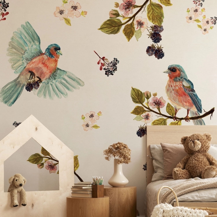 Kremowa fototapeta w ptaszki Wall Art Uccello Cantante Cream do pokoju dziecięcego na wymiar indywidualny