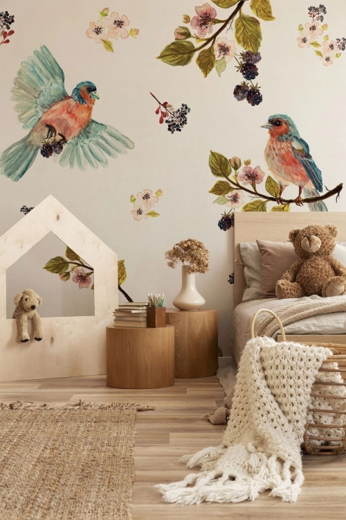 Kremowa fototapeta w ptaszki Wall Art Uccello Cantante Cream do pokoju dziecięcego na wymiar indywidualny