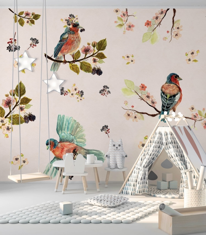 Różowa fototapeta w ptaszki Wall Art Uccello Cantante Pink do pokoju dziecięcego na wymiar indywidualny