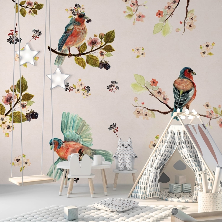 Różowa fototapeta w ptaszki Wall Art Uccello Cantante Pink do pokoju dziecięcego na wymiar indywidualny
