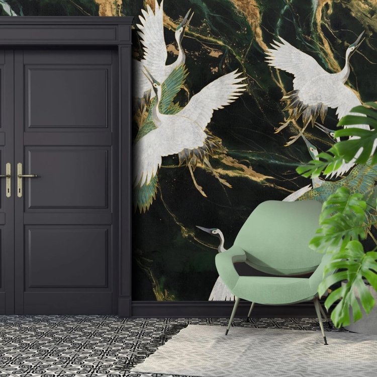 Emerald Tsuru żurawie w locie Wall Art fototapeta na wymiar indywidualny - akcent zielony