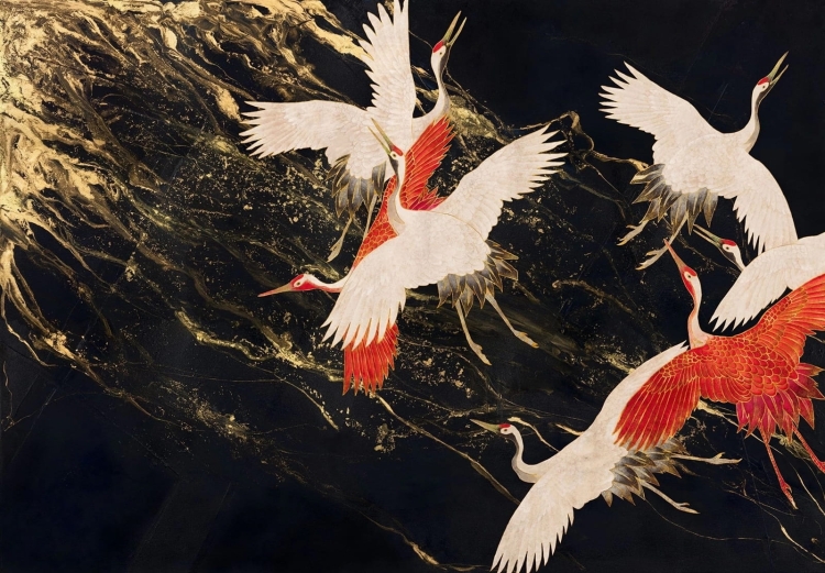 Glory Tsuru żurawie w locie Wall Art fototapeta na wymiar indywidualny - akcent czerwony