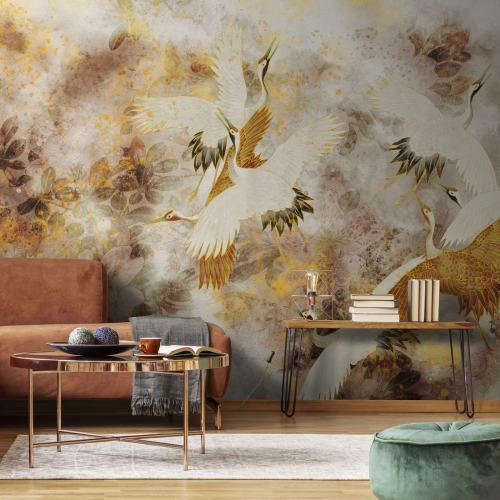 Beige Tsuru żurawie w locie Wall Art fototapeta na wymiar indywidualny - akcent beżowy