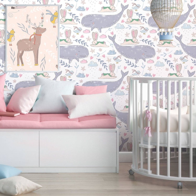 Wesołe zwierzaki pastelowa fototapeta do pokoju dziecięcego na wymiar - króliki wieloryby i ptaszki