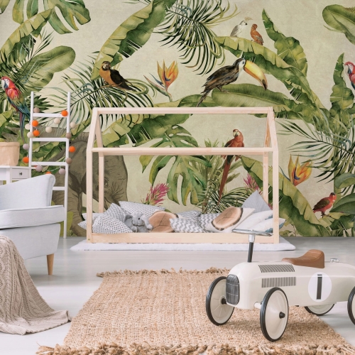 Tropikalna dżungla i papugi Jungle fototapeta do pokoju dziecięcego lub salonu - na wymiar