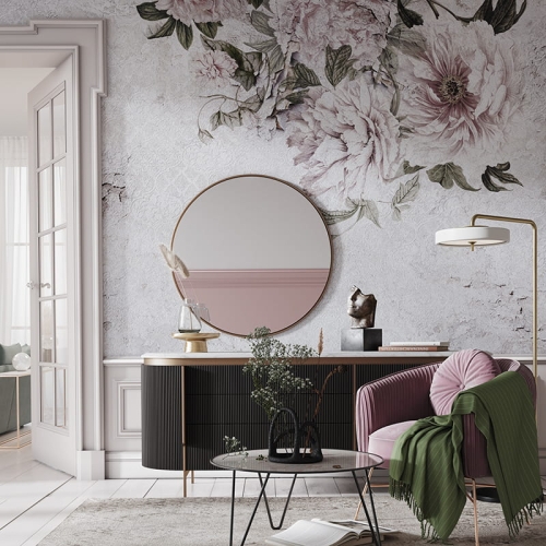 Romantyczna subtelna tapeta fizelinowa w kwiaty boho do salonu lub sypialni