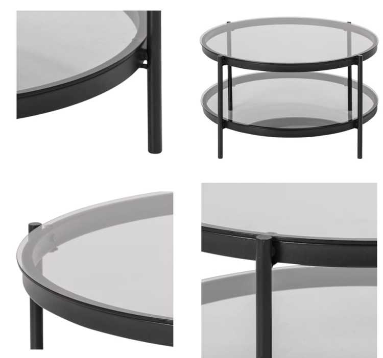 Dwupoziomowy okrągły loftowy stolik na metalowej podstawie fi-79cm blaty szklane
