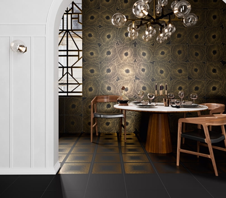 Aparici Art-Deco Black Spritz Natural 29,75x29,75cm uniwersalne kafelki dekoracyjne geometryczne