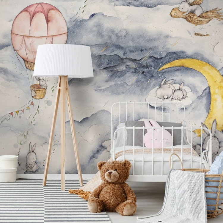 Baśniowa podróż króliki i księżyc fototapeta ścienna do pokoju dziecięcego na wymiar