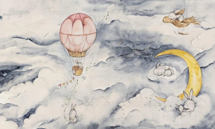 Baśniowa podróż króliki i księżyc fototapeta ścienna do pokoju dziecięcego na wymiar