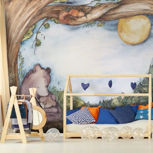 Rodzina niedźwiadków pod starym drzewem fototapeta ścienna do pokoju dziecięcego na wymiar