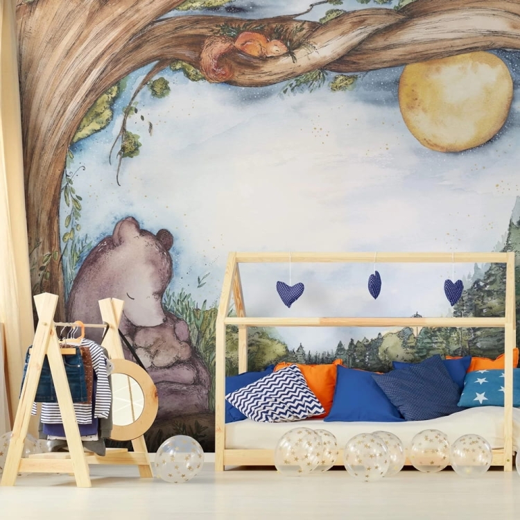 Rodzina niedźwiadków pod starym drzewem fototapeta ścienna do pokoju dziecięcego na wymiar
