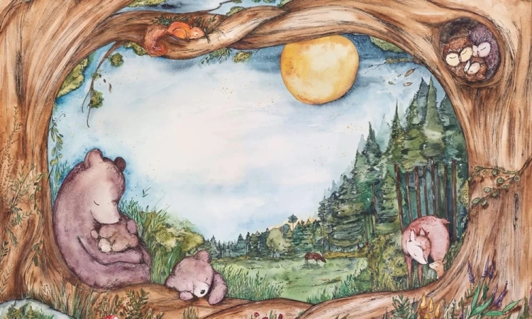 Rodzina niedźwiadków pod starym drzewem fototapeta ścienna do pokoju dziecięcego na wymiar