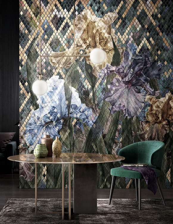 Abstrakcyjna tapeta w kwiatowe wzory irysy Wonderwall Studio Fleur Scharme Iris