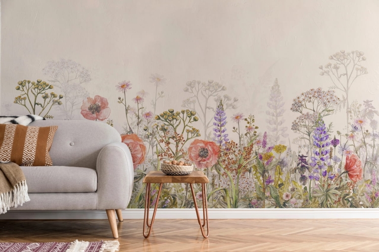 Polne kwiaty maki chabry wrotycz - piękna kolorowa fototapeta na wymiar indywidualny