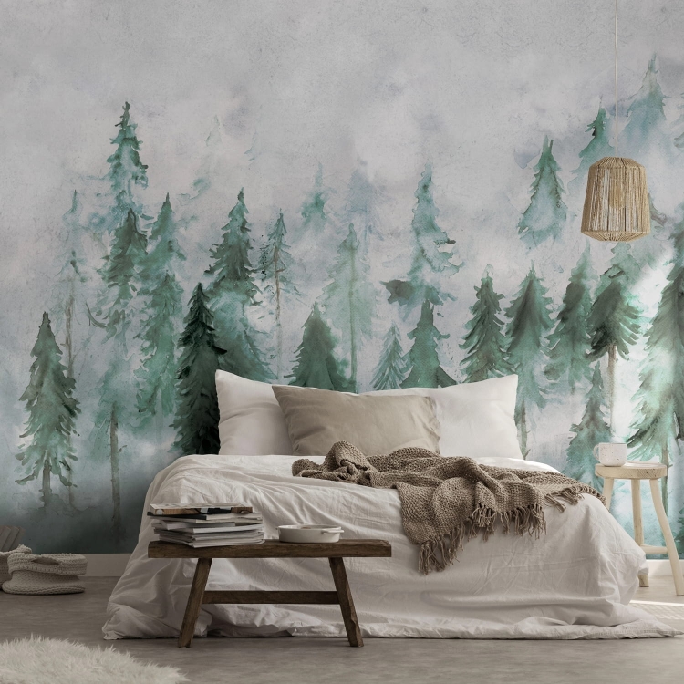 Świerkowy las we mgle fototapeta na wymiar górskie szczyty w stylu scandi