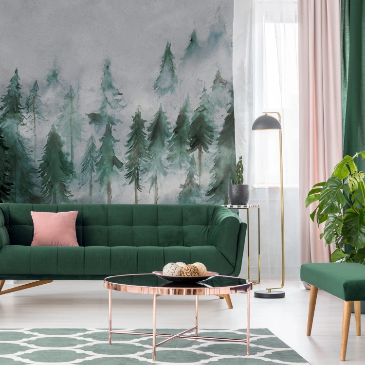 Świerkowy las we mgle fototapeta na wymiar górskie szczyty w stylu scandi